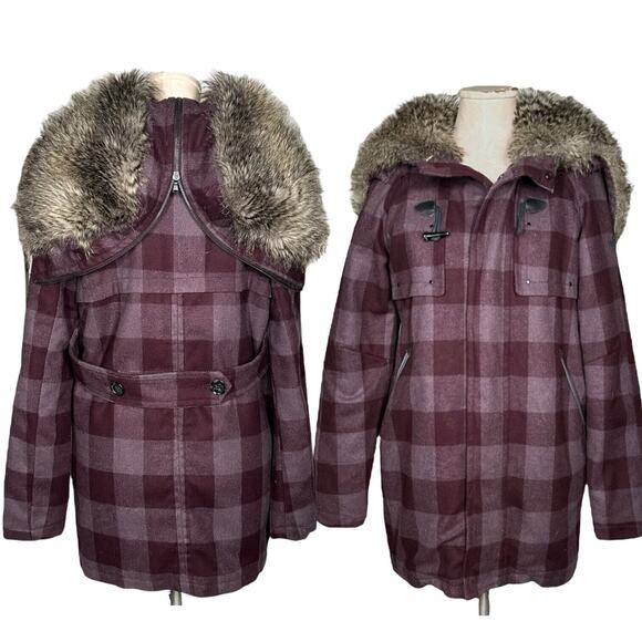 DIESEL Genuine Sheep Fur Wool Convertible Hood Plaid Parka Coat Jacket Maroon S - Picture 5 of 12